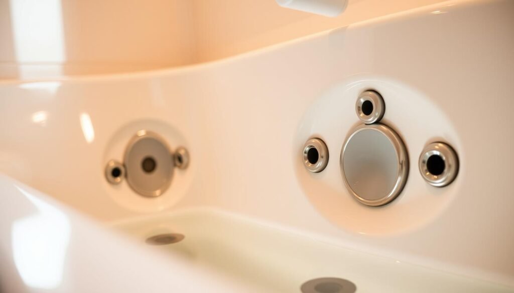 A well-lit, close-up view of a bathtub with recessed Jacuzzi jets lining the interior walls. The jets are visible, showcasing their intricate design and placement. The tub's surface is clean and glistening, reflecting the water in the tub. The lighting is warm and focused, highlighting the jets' functionality and the overall cleanliness of the tub. The composition emphasizes the jets, their position, and the attention to detail required for effective cleaning, aligning with the article's subject and section title.