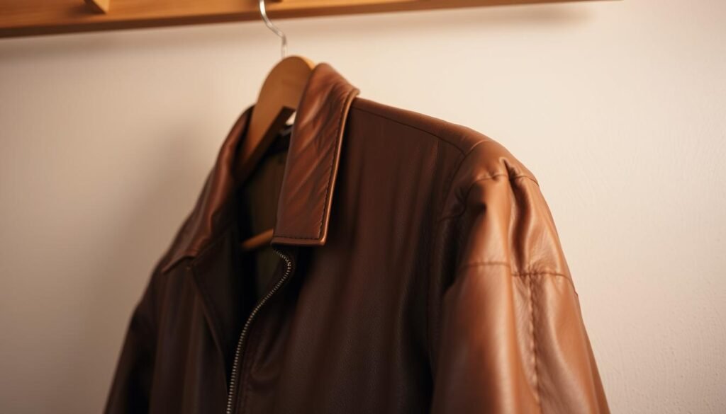 A well-lit, close-up view of a brown leather jacket hanging on a wooden clothes rack, positioned at a slight angle to showcase its textural details. The jacket is partially unzipped, revealing the inner lining. Soft, diffused lighting from above casts warm shadows and highlights the supple, worn-in appearance of the leather. The background is a clean, neutral-toned wall, allowing the jacket to be the primary focus. The overall atmosphere conveys a sense of care and attention to detail in the drying and conditioning process.