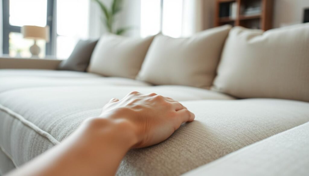 A well-lit, close-up view of a microfiber couch in a modern living room setting. The couch is shown in its natural state, without any obvious signs of wear or damage. The camera angle emphasizes the texture and plushness of the microfiber material, with soft, diffused lighting highlighting the delicate fibers. In the foreground, a hand gently runs across the couch's surface, demonstrating the proper techniques for handling and maintaining the microfiber upholstery. The background is slightly blurred, creating a sense of focus on the couch and the preventative care being showcased.