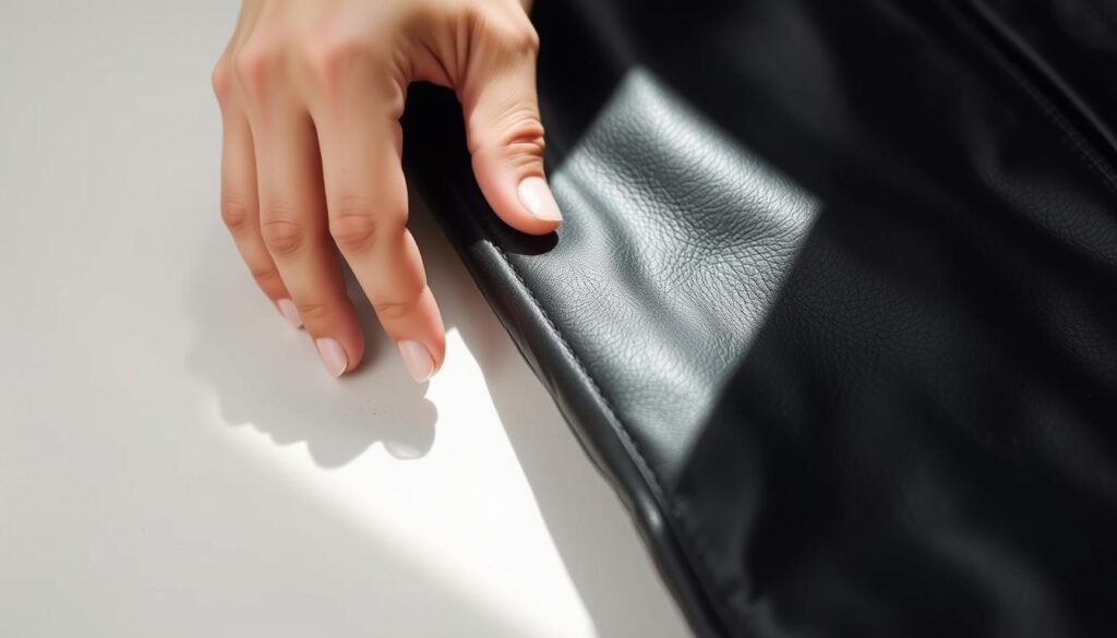 A well-lit, close-up view of a person's hand gently rubbing a small area on the surface of a black leather jacket, testing for any discoloration or damage. The jacket is positioned on a clean, neutral-colored surface, allowing the texture and color of the leather to be the focal point. The lighting casts soft, even shadows, highlighting the contours and grain of the material. The hand movement is slow and deliberate, conveying the care and attention required when preparing a leather jacket for cleaning. The overall mood is one of thoughtful inspection and preparation, setting the stage for the cleaning process described in the article.