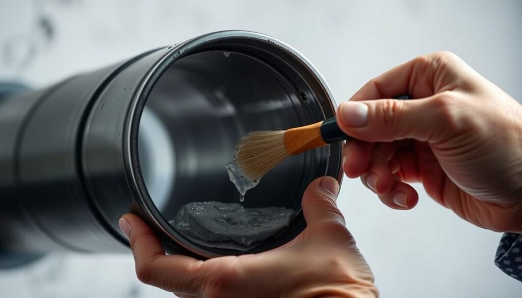 A well-lit, close-up view of a person's hands carefully cleaning the interior of a cylindrical metal pipe. The pipe is held at an angle, allowing the viewer to see the intricate process. The hands are using a small brush and a cleaning solution to scrub away any residue or buildup inside the pipe. The lighting is soft and diffused, creating a sense of focus and attention to detail. The background is slightly blurred, keeping the emphasis on the hands and the pipe. The overall mood is one of precision, care, and a desire to maintain the pipe in pristine condition. A well-lit, close-up view of a person's hands carefully cleaning the interior of a cylindrical metal pipe. The pipe is held at an angle, allowing the viewer to see the intricate process. The hands are using a small brush and a cleaning solution to scrub away any residue or buildup inside the pipe. The lighting is soft and diffused, creating a sense of focus and attention to detail. The background is slightly blurred, keeping the emphasis on the hands and the pipe. The overall mood is one of precision, care, and a desire to maintain the pipe in pristine condition.