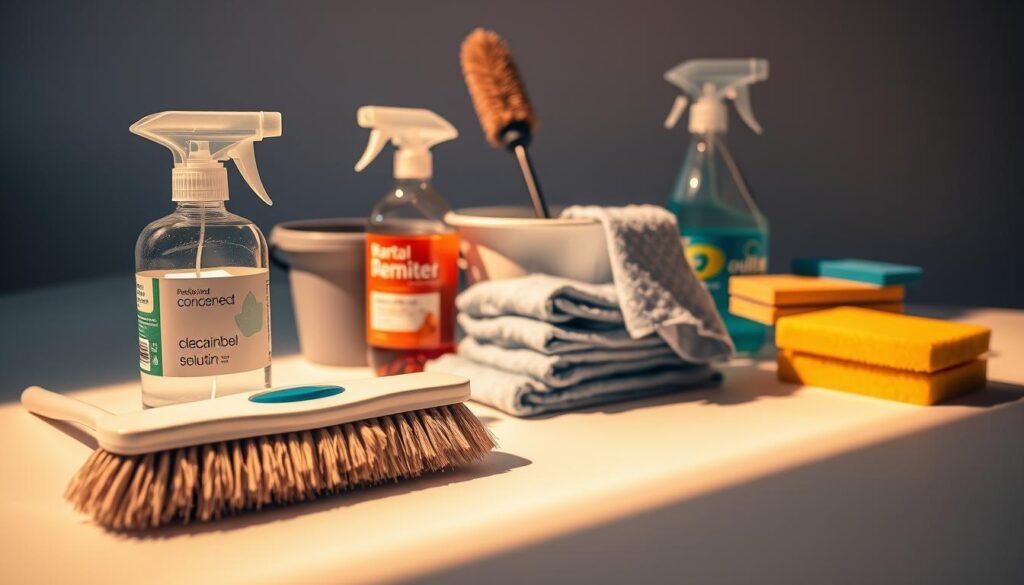 A well-lit, close-up view of an assortment of professional deep cleaning supplies arranged on a crisp, white surface. In the foreground, a sturdy scrub brush, a bottle of concentrated cleaning solution, and a pack of microfiber cloths. In the middle ground, a small bucket, a long-handled duster, and a specialized stain remover. In the background, a spray bottle and a set of cleaning sponges. The lighting is warm and directional, creating shadows that emphasize the textures and details of the objects. The overall mood is one of efficiency, organization, and a sense of preparedness for a thorough, high-quality cleaning task. A well-lit, close-up view of an assortment of professional deep cleaning supplies arranged on a crisp, white surface. In the foreground, a sturdy scrub brush, a bottle of concentrated cleaning solution, and a pack of microfiber cloths. In the middle ground, a small bucket, a long-handled duster, and a specialized stain remover. In the background, a spray bottle and a set of cleaning sponges. The lighting is warm and directional, creating shadows that emphasize the textures and details of the objects. The overall mood is one of efficiency, organization, and a sense of preparedness for a thorough, high-quality cleaning task.