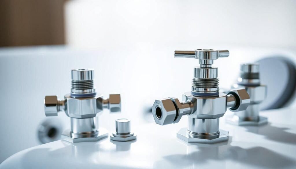 A well-lit, close-up view of several air valves commonly found on jetted whirlpool tubs. The valves are positioned in the foreground, showcasing their intricate mechanical details and sleek, chrome-plated finish. The middle ground features the tub's surrounding deck or housing, providing context and a sense of the valves' placement. The background is slightly blurred, emphasizing the valves as the main focal point. The lighting is bright and directional, casting subtle shadows that accentuate the valves' form and texture. The overall mood is one of precision, functionality, and the importance of properly preparing the tub for cleaning.