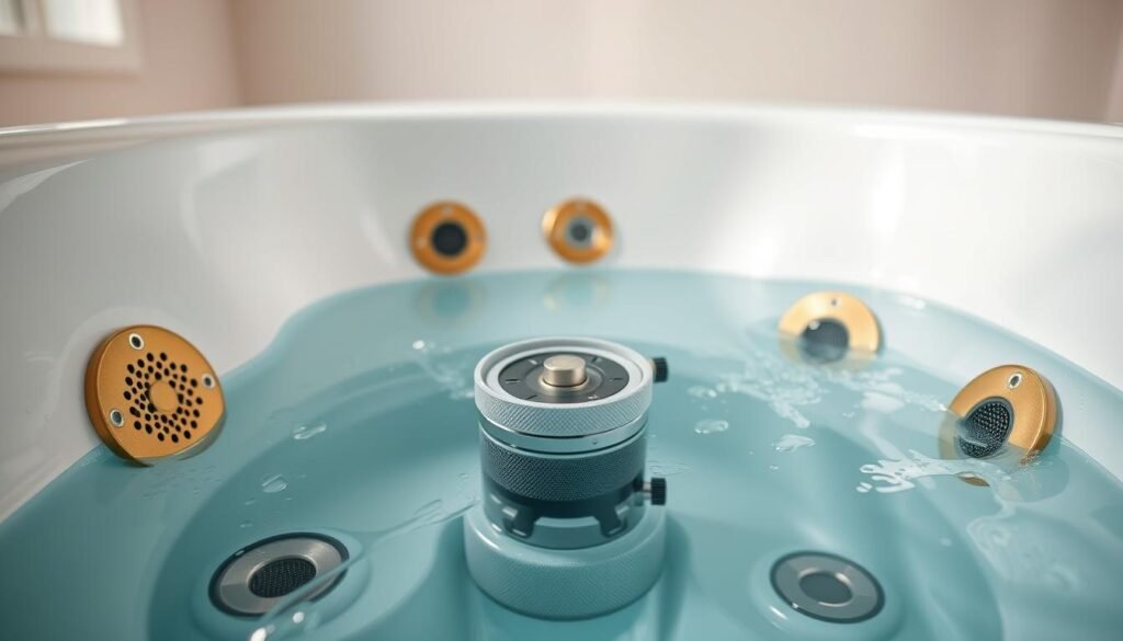 A well-lit, close-up view of the interior of a jetted whirlpool tub, showcasing the intricate system of filters and jets. The focus is on the meticulously crafted brass jets, their curved shapes and intricate perforations, with droplets of water glistening on their surfaces. In the middle ground, the tub's filtration system is prominently displayed, its various components and mechanisms visible, hinting at the complexity of the cleaning and maintenance process. The background subtly fades into a clean, minimalist bathroom setting, emphasizing the technical elements at the forefront. The overall mood is one of precision, functionality, and the importance of diligent care for these specialized tub features.