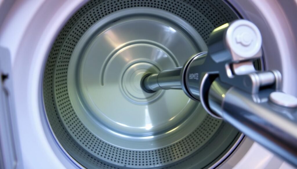 A well-lit, close-up view of the interior of an open dryer drum, with a vacuum cleaner nozzle carefully vacuuming the lint trap and crevices. The dryer is positioned at a slight angle, allowing for a clear, unobstructed view of the cleaning process. The vacuum's bright metal finish and the soft, diffused lighting create a sense of cleanliness and efficiency. The image conveys a step-by-step guide on maintaining a dryer's interior, with attention to detail and a focus on the task at hand.