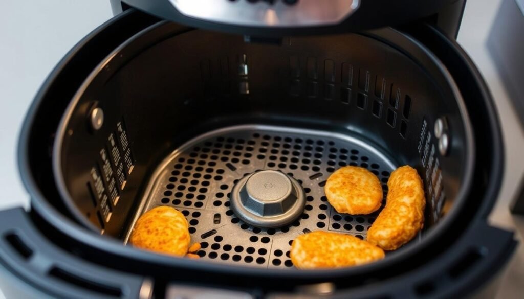 A well-lit, closeup photograph of an air fryer's interior, showcasing the various components that require regular cleaning and maintenance. The image should capture the intricate details of the basket, heating element, and other removable parts, highlighting the importance of thorough cleaning to ensure long-lasting performance. The scene should have a clean, clinical atmosphere, with a neutral background that emphasizes the air fryer's central focus. The lighting should be soft and even, accentuating the textures and contours of the appliance's interior. The overall composition should convey a sense of professionalism and expertise, guiding the viewer through the essential steps of proper air fryer maintenance.