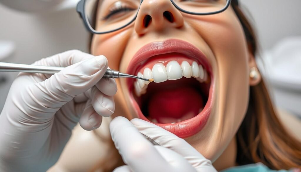 A well-lit dental office setting with a close-up view of a dentist's hand carefully cleaning a patient's permanent retainer. The retainer is held in place, and the dentist is using a small dental tool to meticulously remove any buildup or debris. The patient's mouth is open, and the clean, polished retainer shines against the neutral-toned dental chair and backdrop. The scene conveys a sense of professionalism, attention to detail, and the importance of proper retainer maintenance for optimal oral hygiene.