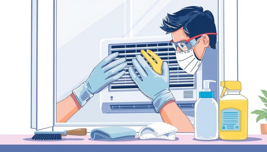 A well-lit, detailed illustration showcasing safety precautions for cleaning a window AC unit. In the foreground, a person wearing protective gear such as goggles, gloves, and a face mask is gently wiping down the AC components. In the middle ground, various cleaning tools and supplies are neatly arranged, including a brush, a microfiber cloth, and a mild cleaning solution. The background depicts the interior of a residential space, with the AC unit installed in an open window. The overall mood is one of care and attention to detail, emphasizing the importance of safe and thorough maintenance.