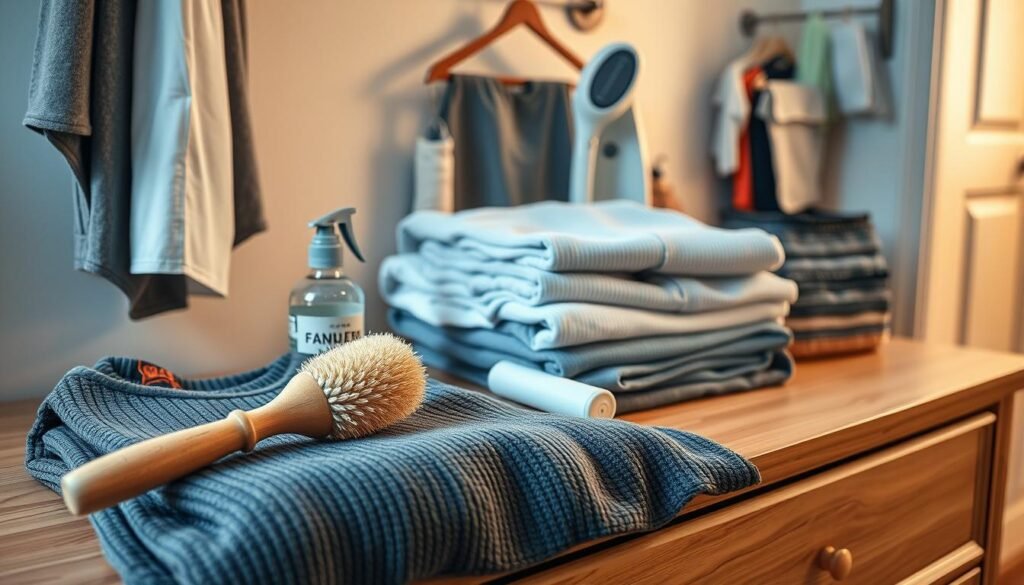A well-lit, detailed image of a bedroom dresser with various garment maintenance items neatly arranged on top. In the foreground, a folded sweater, a garment brush, and a bottle of fabric shaver. In the middle ground, a stack of carefully folded t-shirts, a lint roller, and a fabric defuzzer. The background features a hanging garment steamer, a sewing kit, and a small laundry basket. The scene conveys a sense of organization and attention to detail, with soft, warm lighting highlighting the textures of the fabrics and accessories.