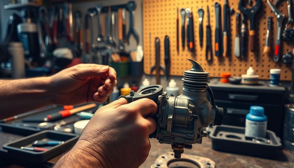 A well-lit, detailed workshop scene showcasing the essential steps of carburetor maintenance. In the foreground, a mechanic's hands carefully disassembling a carburetor, exposing its intricate inner workings. In the middle ground, neatly organized tools and cleaning supplies, including brushes, solvents, and a parts tray. The background features a wall-mounted pegboard with an array of tools, conveying a sense of a professional, well-equipped workspace dedicated to engine upkeep. The lighting is warm and focused, creating a sense of precision and attention to detail, highlighting the importance of proper carburetor care for engine longevity.