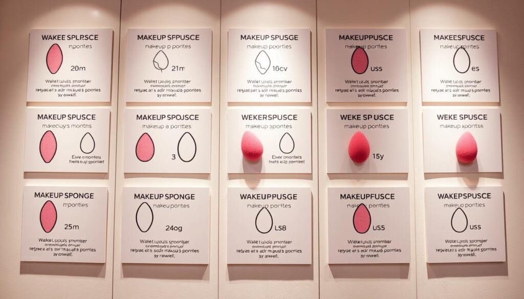 A well-lit display of makeup sponge replacement signs against a clean, minimalist background. The signs feature various icons and text conveying when to replace makeup sponges, such as the number of months or uses. The signs are arranged in an organized grid, with a focus on legibility and clarity. The lighting is soft and even, creating a professional, informative atmosphere. The camera angle is slightly elevated, giving a birds-eye view of the display. The overall mood is one of practicality and utility, guiding the viewer on the importance of maintaining their makeup sponges for optimal performance and hygiene.