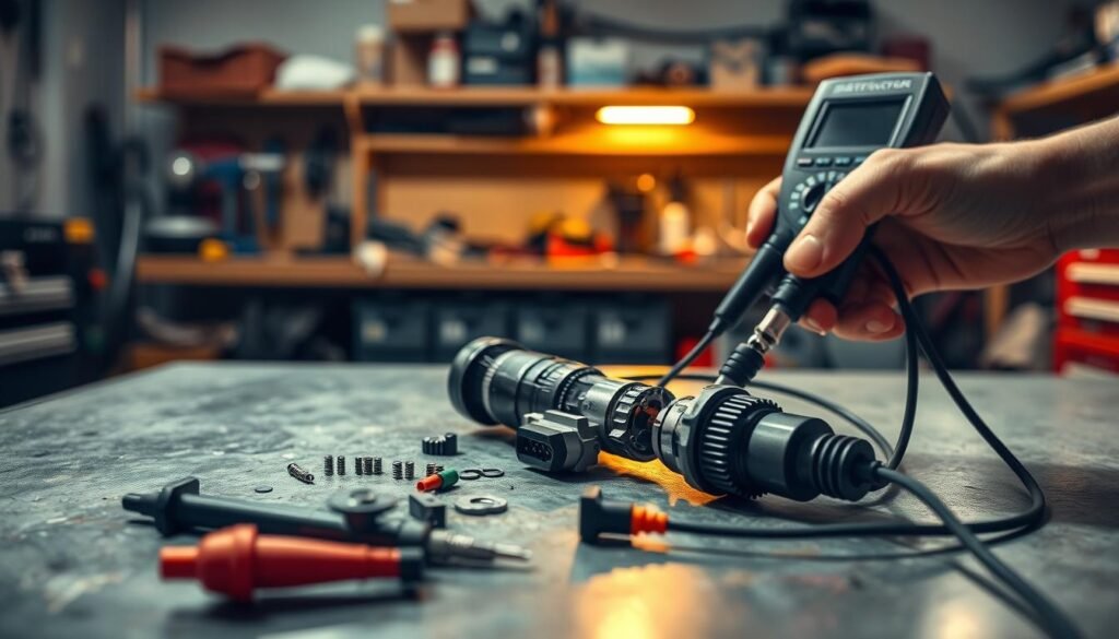 A well-lit garage interior with a metal workbench in the foreground. On the workbench, a disassembled mass air flow (MAF) sensor, its components spread out neatly. In the middle ground, a hand holding a multimeter, probing the sensor's electrical connections. The background shows shelves with automotive tools and supplies, casting warm, focused lighting on the scene. The mood is one of problem-solving and technical focus, with a sense of expertise and attention to detail.