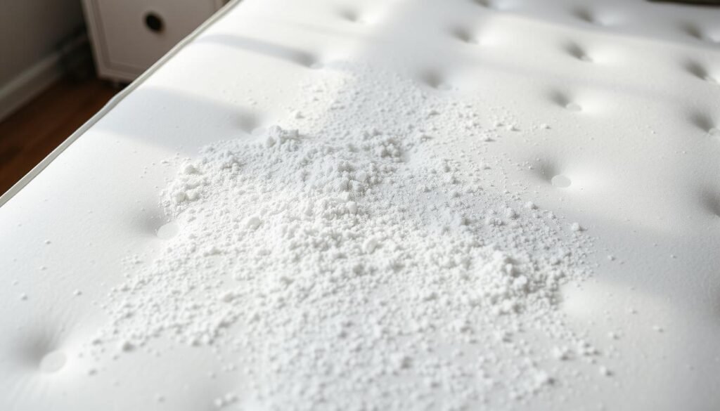 A well-lit, high-angle close-up shot of a white mattress with a generous sprinkling of baking soda covering its surface. The baking soda appears evenly distributed, creating a soft, powdery texture. Soft, diffused lighting from above illuminates the scene, casting gentle shadows that accentuate the texture of the mattress and the baking soda. The background is slightly blurred, keeping the focus on the deodorizing process. The overall mood is clean, fresh, and inviting, reflecting the effectiveness of the baking soda in freshening up the mattress.
