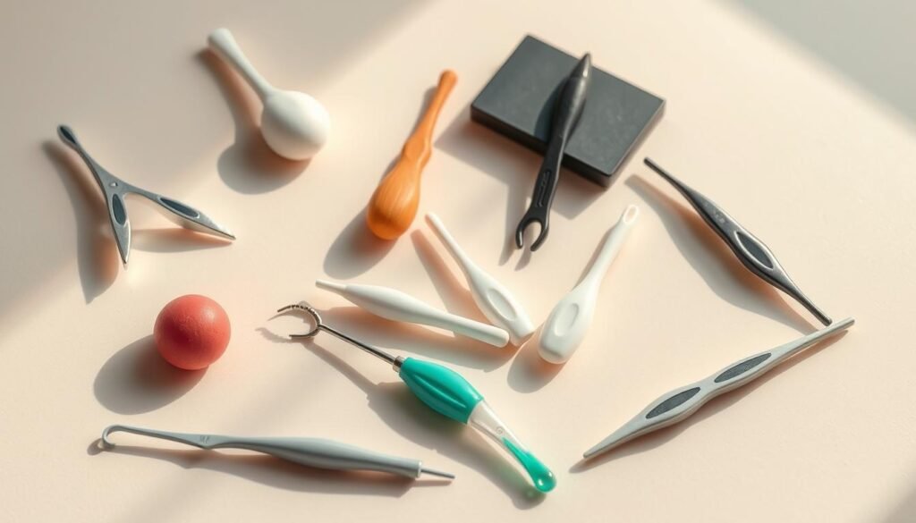 A well-lit, high-angle close-up shot of an assortment of tongue cleaners displayed on a minimalist, neutral-colored background. The cleaners should be arranged in a visually appealing manner, showcasing their diverse shapes, materials, and designs. The lighting should create subtle shadows and highlights, emphasizing the textures and details of the products. The overall mood should be clean, crisp, and inviting, conveying a sense of quality and thoughtful selection. The composition should draw the viewer's attention to the tongue cleaners, allowing them to evaluate and compare the options.