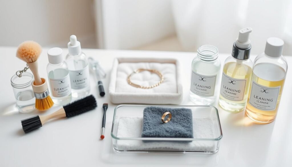 A well-lit, high-angle shot of an assortment of commercial jewelry cleaning products on a clean, white tabletop. In the foreground, a variety of brushes, soaking trays, and cleaning solutions in glass bottles and jars with simple, minimalist labels. In the middle ground, a few pieces of jewelry, such as a necklace, bracelet, and ring, resting on a plush, velvet-like surface. The background is softly blurred, creating a sense of focus and depth. The overall mood is bright, clean, and clinical, emphasizing the professional-grade nature of the cleaning tools.