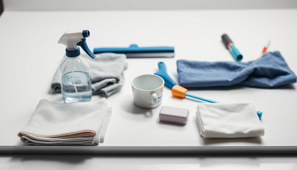 A well-lit, high-angle view of an assortment of various whiteboard cleaning products arranged on a clean, minimalist white surface. In the foreground, a set of microfiber cloths, a spray bottle, and a whiteboard eraser. In the middle ground, a small cup or container holding cleaning solution. In the background, a few additional cleaning tools like a squeegee, a small scrub brush, and a cleaning wand. The lighting is bright and diffuse, creating soft, even shadows and highlighting the textures of the materials. The overall mood is clean, organized, and focused on the tools needed for effectively cleaning a whiteboard.