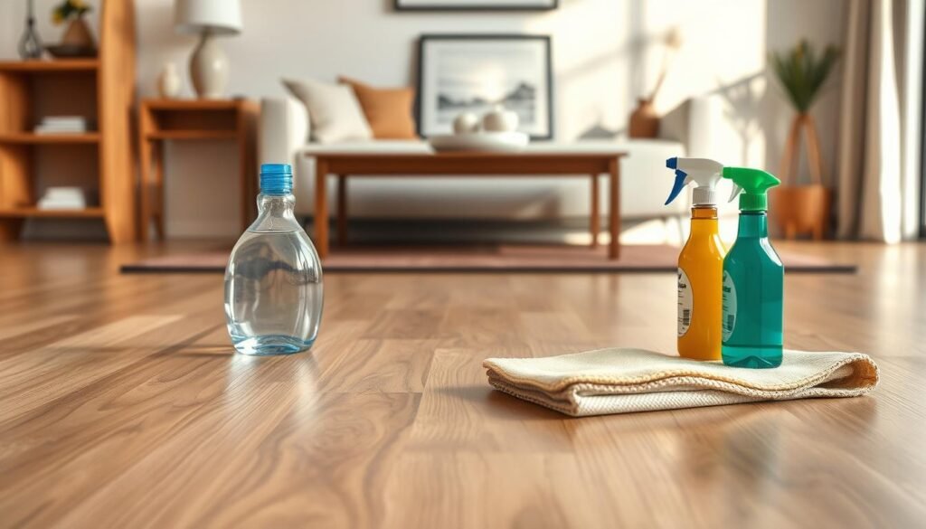 A well-lit, high-quality photograph showcasing a clean, glossy vinyl plank floor in a warm, inviting interior space. The planks have a natural, wood-like texture and pattern, conveying a sense of durability and protection. In the foreground, several cleaning products, such as a spray bottle and a microfiber cloth, are neatly arranged, suggesting the importance of prevention and regular maintenance. The background features subtle, minimalist decor elements that complement the clean, modern aesthetic of the floor. Soft, directional lighting casts gentle shadows, emphasizing the smooth, even surface of the vinyl planks. The overall composition and lighting evoke a sense of cleanliness, order, and the necessity of proactive floor care.