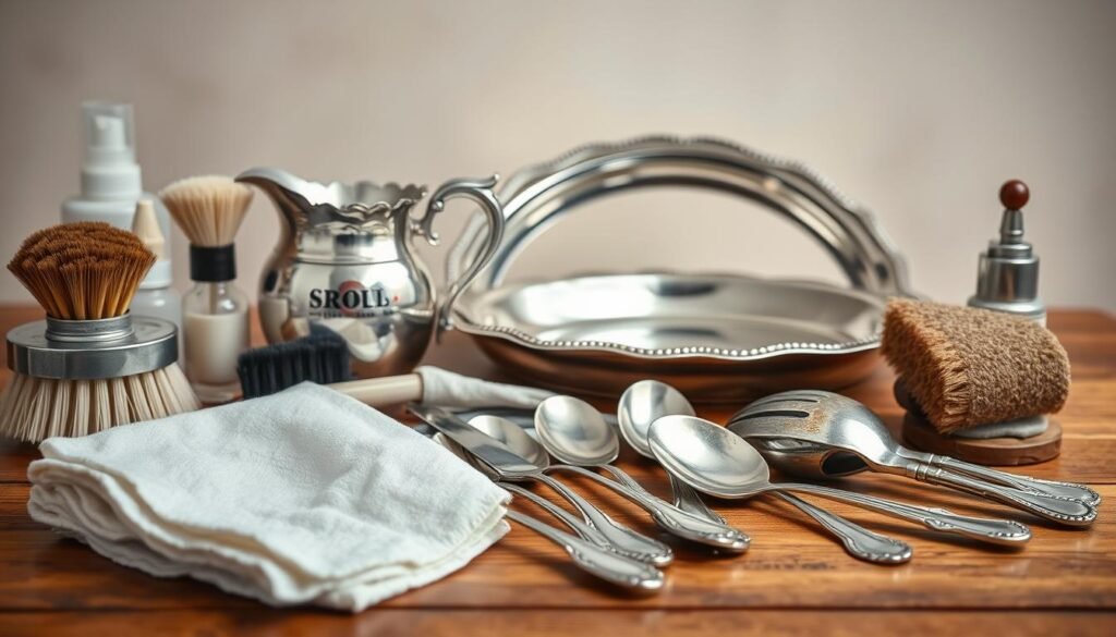 A well-lit, high-quality still life composition showcasing a variety of silverware cleaning tools. In the foreground, an assortment of brushes, polishing cloths, and cleaning solutions arranged neatly on a wooden surface. In the middle ground, a gleaming silver pitcher, tarnished spoons, and a silver-plated tray awaiting restoration. The background features a simple, neutral backdrop that allows the tools and silverware to take center stage. The lighting is soft and diffused, creating a warm, inviting atmosphere that highlights the textures and shine of the metal. The overall scene conveys a sense of professionalism and attention to detail, perfectly suited for illustrating the "Tools Needed for Effective Cleaning" section of an article on restoring the luster of fine silverware.