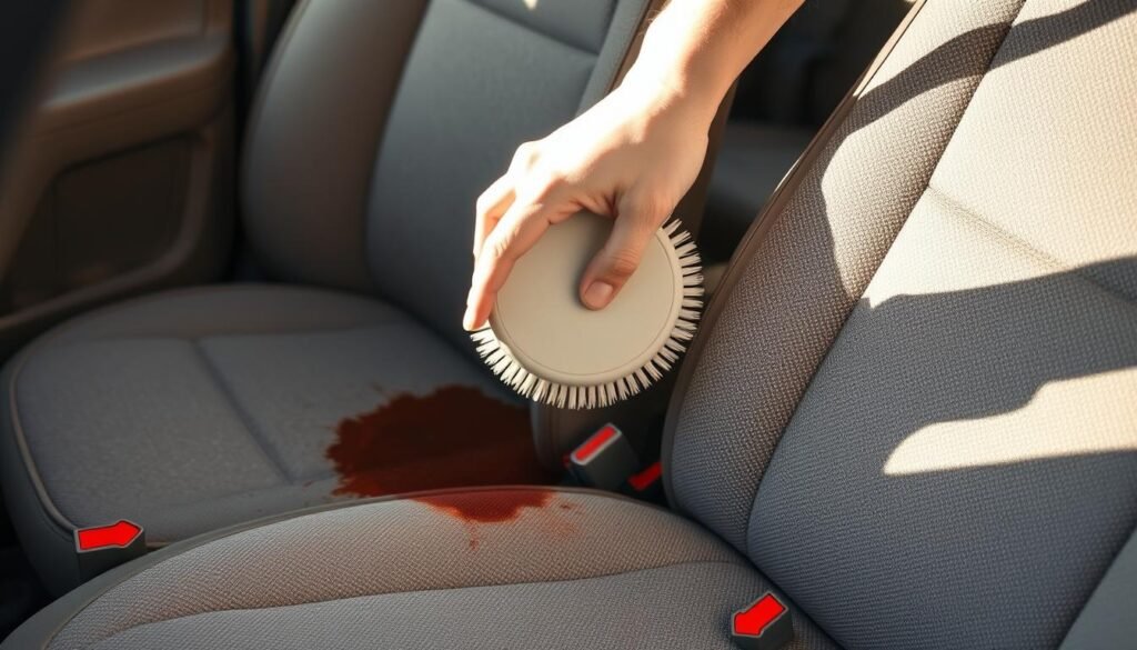 A well-lit, high-resolution close-up image of a person's hand using a soft-bristled brush to scrub a set of cloth car seats, focusing on removing a tough, ground-in stain. The seats are a neutral tone, and the stain is a prominent dark spot. The hand is using a circular motion with moderate pressure, and the surrounding area is clean and uncluttered, allowing the stain removal process to be the central focus. The lighting is natural and diffused, creating a warm, inviting atmosphere that emphasizes the effectiveness of the cleaning technique.