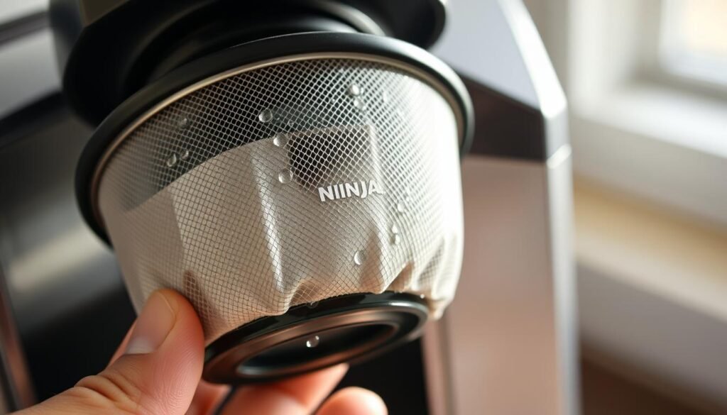 A well-lit, high-resolution close-up of a Ninja brand coffee maker's brew basket and filter. The filter is held in the foreground, revealing its intricate mesh design and gentle creases. Droplets of water cling to the surface, highlighting its texture and material. In the background, the brew basket's sturdy, angular housing is visible, showcasing its sleek, modern aesthetic. Soft, directional lighting from the side creates subtle shadows and highlights, giving the image a sense of depth and dimension. The overall scene conveys a sense of cleanliness, attention to detail, and the importance of proper filter maintenance for optimal coffee brewing.