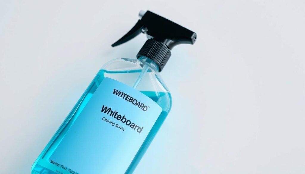 A well-lit, high-resolution close-up photograph of a clean, sleek, and modern whiteboard cleaning spray bottle. The bottle is made of transparent glass or clear plastic, allowing the bright blue-green cleaning solution inside to be visible. The label on the bottle features a minimalist, sans-serif design in a bold color that complements the solution, conveying a sense of professionalism and efficacy. The image is captured from a slightly elevated angle, emphasizing the bottle's ergonomic shape and the clarity of the contents. The background is a simple, neutral color that allows the cleaning product to be the focal point, highlighting its purpose and suitability for use on whiteboards.