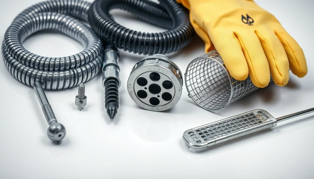 A well-lit, high-resolution close-up shot of an assortment of shower drain cleaning tools, including a plumber's snake, a drain auger, a drain unblocker, a wire mesh drain catcher, and a pair of rubber gloves. The tools are arranged neatly on a white, reflective surface, creating a clean, clinical aesthetic. The lighting emphasizes the textures and metallic details of the tools, and the composition draws the viewer's attention to the specialized nature of these items designed for the specific task of unclogging and maintaining a shower drain.