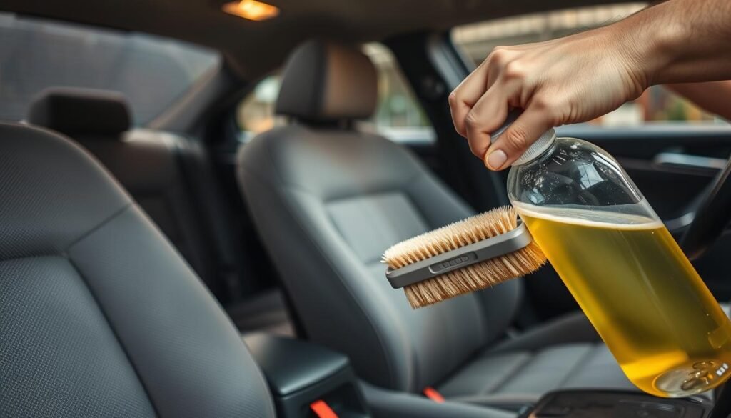 A well-lit, high-resolution image of fabric car seats being gently cleaned with a soft-bristled brush and a mild, pH-neutral detergent solution. The seats are in a neutral grey or beige color, with a subtle texture. The lighting is soft and diffuse, creating a warm, inviting atmosphere. The camera is positioned at a low angle, capturing the details of the cleaning process in the foreground, with the rest of the car's interior visible in the middle and background, blurred for focus. The overall mood is one of calm, careful attention to detail, and a desire to preserve the quality and appearance of the fabric seats.