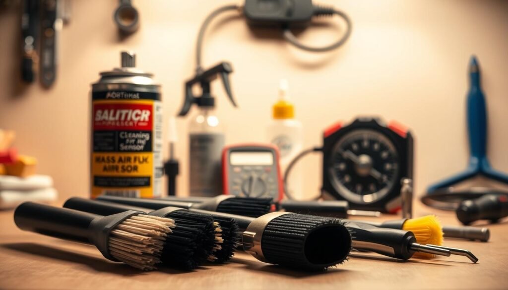 A well-lit, high-resolution image showing a neatly arranged set of tools commonly used for cleaning a mass air flow (MAF) sensor. In the foreground, a set of soft-bristled brushes, a can of compressed air, and a small screwdriver or pick. In the middle ground, a multimeter and a small cleaning solution bottle. In the background, a clean, organized workspace with a neutral-colored surface, creating a sense of professionalism and attention to detail. The lighting is warm and diffused, highlighting the tools and creating subtle shadows that add depth and dimension to the scene.