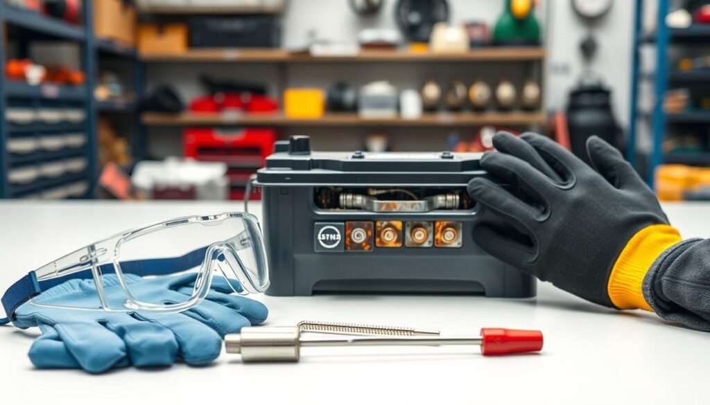 A well-lit, high-resolution image showing the proper safety precautions for cleaning battery terminals. In the foreground, a pair of safety gloves, safety goggles, and a battery terminal cleaning tool are neatly arranged on a clean, flat surface. In the middle ground, a partially disassembled car battery with corrosion on the terminals is visible, showcasing the issue that needs to be addressed. The background depicts a well-organized workshop or garage, with shelves of tools and equipment visible, conveying a sense of professionalism and attention to detail. The overall mood is one of care, caution, and preparedness, emphasizing the importance of safety when working with automotive batteries.