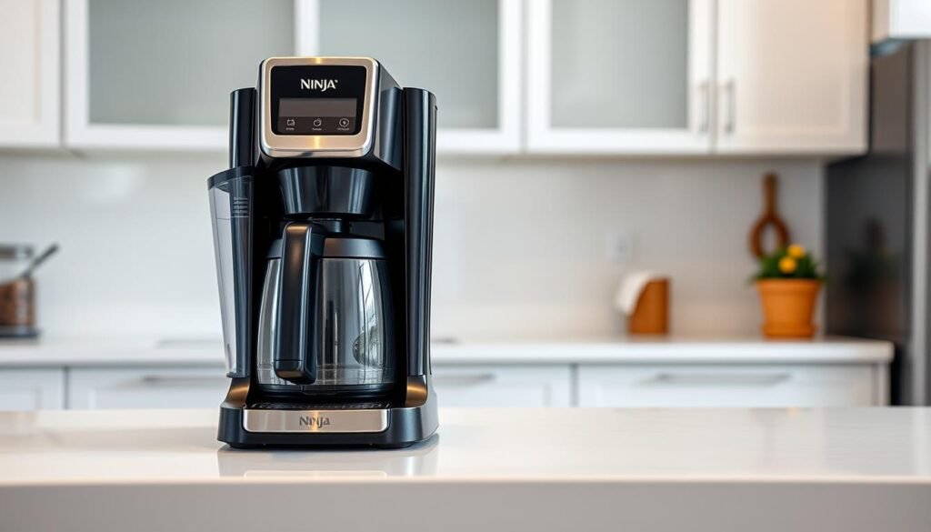 A well-lit, high-resolution photograph of a Ninja Coffee Maker in a clean, modern kitchen setting. The coffee maker is positioned on a pristine countertop, showcasing its sleek, black exterior. The camera angle captures the entire machine, including its user-friendly control panel, water reservoir, and brew basket. The lighting is soft and diffused, highlighting the machine's glossy finish and accentuating its streamlined design. The background is uncluttered, allowing the coffee maker to be the focal point of the image, conveying a sense of order and attention to detail in the maintenance of this essential kitchen appliance.
