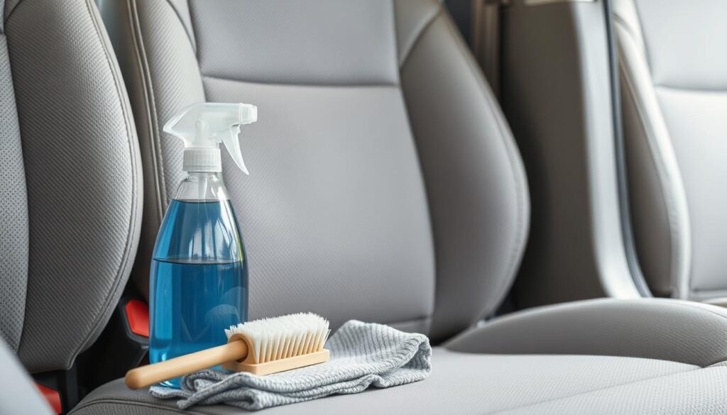 A well-lit, high-resolution photograph of a car's front seat upholstery, showcasing various preventive measures against stains. The seat is made of high-quality cloth, with a neutral, light-colored hue. In the foreground, a collection of cleaning products - a spray bottle, a soft-bristled brush, and a microfiber cloth - are neatly arranged, conveying a sense of organization and preparedness. The middle ground features a close-up view of the seat, highlighting the texture and weave of the fabric, as well as any potential trouble spots, such as cup holders or crevices. The background provides a subtle, clean context, perhaps a glimpse of the car's dashboard or door panel, creating a cohesive automotive setting. The overall mood is one of proactive care and attention to detail, inviting the viewer to consider effective methods for maintaining the pristine condition of their cloth car seats.