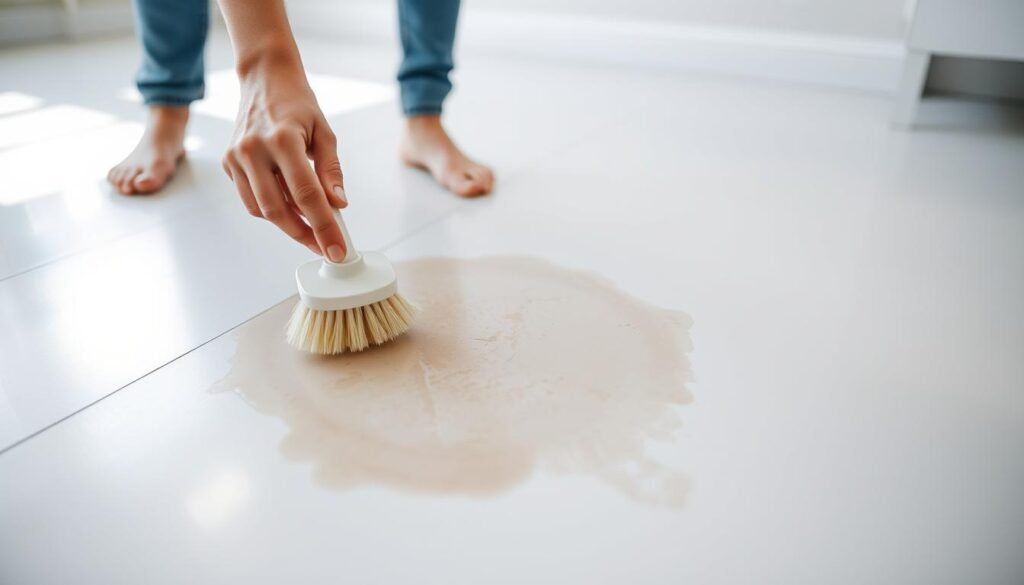 A well-lit, high-resolution photograph of a vinyl floor in a bright, airy room, showcasing the process of removing a stubborn stain. In the foreground, a person's hands gently scrubbing the floor with a soft-bristled brush and a mild cleaning solution, demonstrating the technique. The middle ground reveals the gradually fading stain, and the background highlights the clean, pristine vinyl surface surrounding the stained area. Capture the scene with a crisp, documentary-style aesthetic, emphasizing the effective and efficient stain removal process.