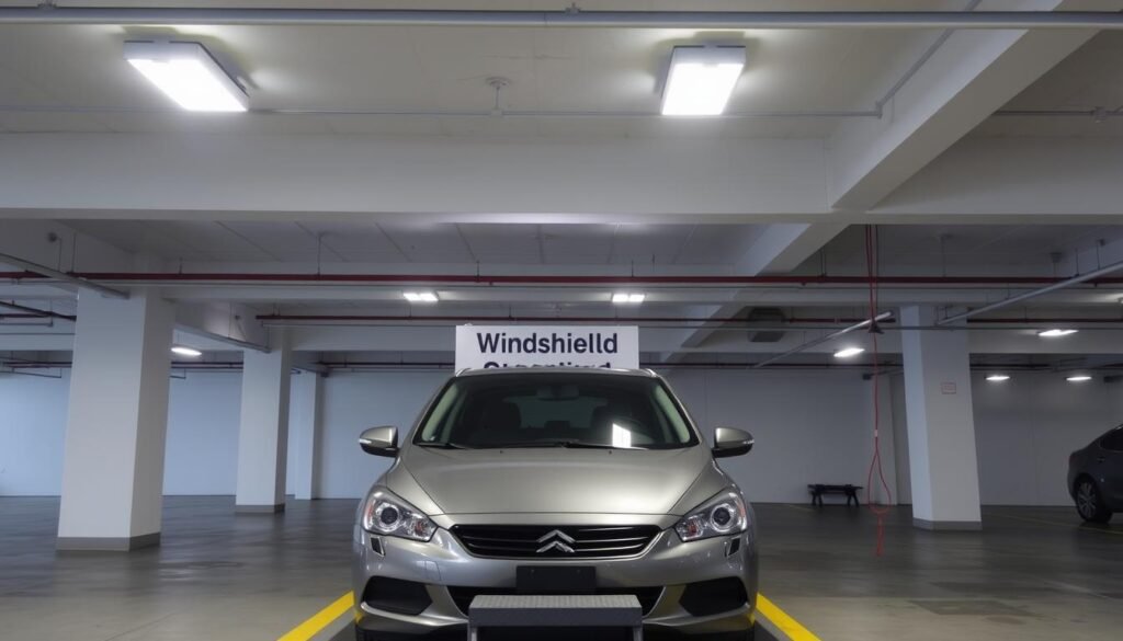 A well-lit indoor parking garage with a designated "Windshield Cleaning" zone. Bright overhead lighting illuminates the space, creating a clean and organized atmosphere. In the foreground, a car is parked, its front end facing a raised platform or step stool, allowing easy access to the windshield for cleaning. The middle ground features additional parking spaces, with signage indicating the "Windshield Cleaning" area. The background showcases the garage's architecture, with clean, minimalist lines and a sense of spaciousness. The overall scene conveys a safe, efficient, and user-friendly environment for windshield cleaning.