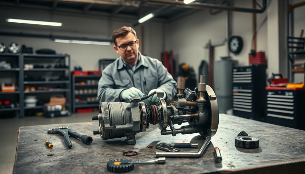 A well-lit industrial garage, with a mechanic's workbench in the foreground. On the bench, an array of tools and a disassembled throttle body, ready for cleaning. The mechanic, dressed in a protective coverall, safety glasses, and gloves, stands at the ready, demonstrating the proper technique for throttle body maintenance. In the background, shelves of automotive parts and a toolbox provide a sense of a professional, organized workspace. The lighting is bright and even, casting long shadows and highlighting the intricate details of the throttle body components. The atmosphere conveys a sense of focused, responsible, and safety-conscious automotive repair. A well-lit industrial garage, with a mechanic's workbench in the foreground. On the bench, an array of tools and a disassembled throttle body, ready for cleaning. The mechanic, dressed in a protective coverall, safety glasses, and gloves, stands at the ready, demonstrating the proper technique for throttle body maintenance. In the background, shelves of automotive parts and a toolbox provide a sense of a professional, organized workspace. The lighting is bright and even, casting long shadows and highlighting the intricate details of the throttle body components. The atmosphere conveys a sense of focused, responsible, and safety-conscious automotive repair.