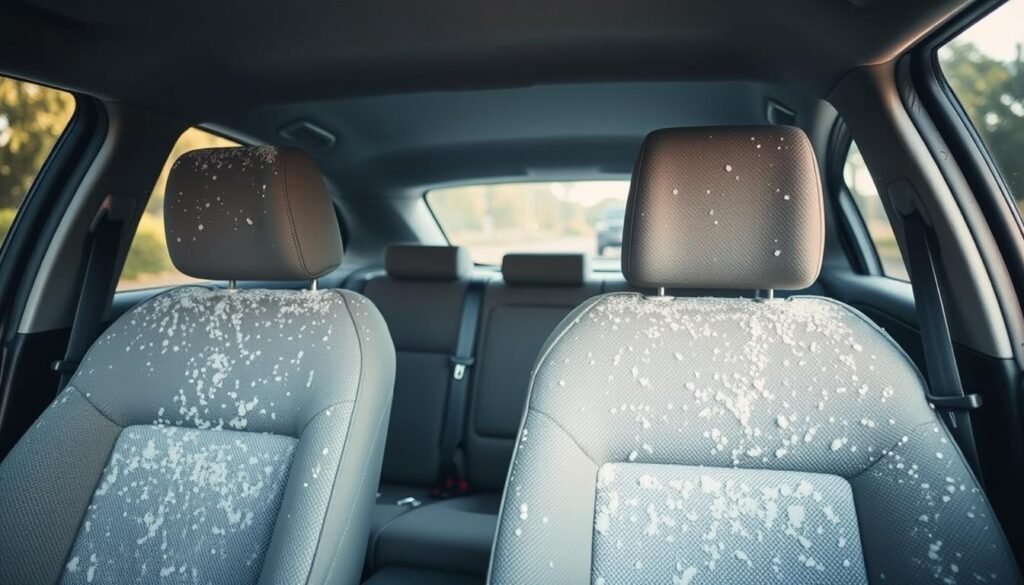 A well-lit interior of a car with cloth upholstery, the seats are sprinkled with baking soda. The baking soda particles are visible, catching the light and creating a subtle, textured effect. The scene conveys a sense of cleanliness and freshness, with a calm, minimalist atmosphere. The camera angle is slightly elevated, providing a clear view of the car's cabin. The lighting is soft and diffused, creating a warm, natural ambiance that enhances the visibility of the baking soda on the seats.