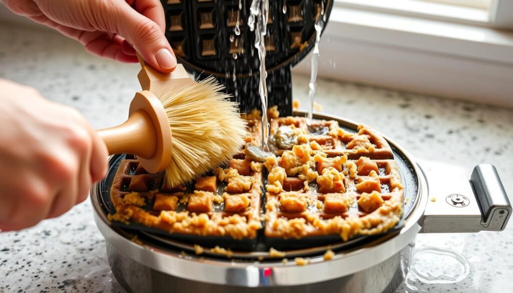 A well-lit kitchen counter, a sturdy stainless steel waffle iron sits at the center. Its plates are covered in a thick layer of dried batter and crumbs, indicating the need for a deep cleaning. Wielding a soft-bristled brush, a pair of hands scrub the iron's nooks and crannies, removing the built-up grime. Streams of hot water flow over the surface, rinsing away the debris. The waffle iron's chrome exterior gleams, signaling a successful deep clean and restoration of its non-stick properties, ready to make delicious waffles once more.