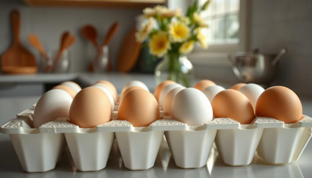A well-lit kitchen counter, clean white porcelain egg cartons neatly arranged, each compartment holding a pristine, freshly cleaned egg. Soft natural light filters in from a nearby window, casting a warm glow on the scene. The eggs are positioned at a slight angle, allowing for clear visibility of their smooth, unblemished shells. In the background, a few kitchen utensils and a vase of fresh flowers create a sense of culinary harmony. The overall impression is one of order, cleanliness, and careful attention to the proper storage of these delicate, nutritious ingredients.