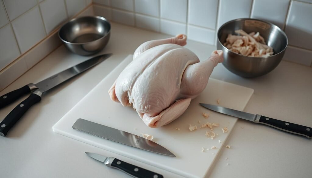 A well-lit kitchen counter, stainless steel tools laid out neatly - a sharp knife, a cutting board, and a bowl for discarded trimmings. A whole, fresh chicken sits in the center, ready to be expertly broken down. Soft, even lighting casts gentle shadows, capturing the process in a calm, instructive manner. The camera angle is slightly elevated, providing a clear, unobstructed view of the step-by-step cleaning procedure. The scene conveys a sense of professionalism and attention to detail, suitable for an informative how-to guide on properly preparing chicken for cooking.
