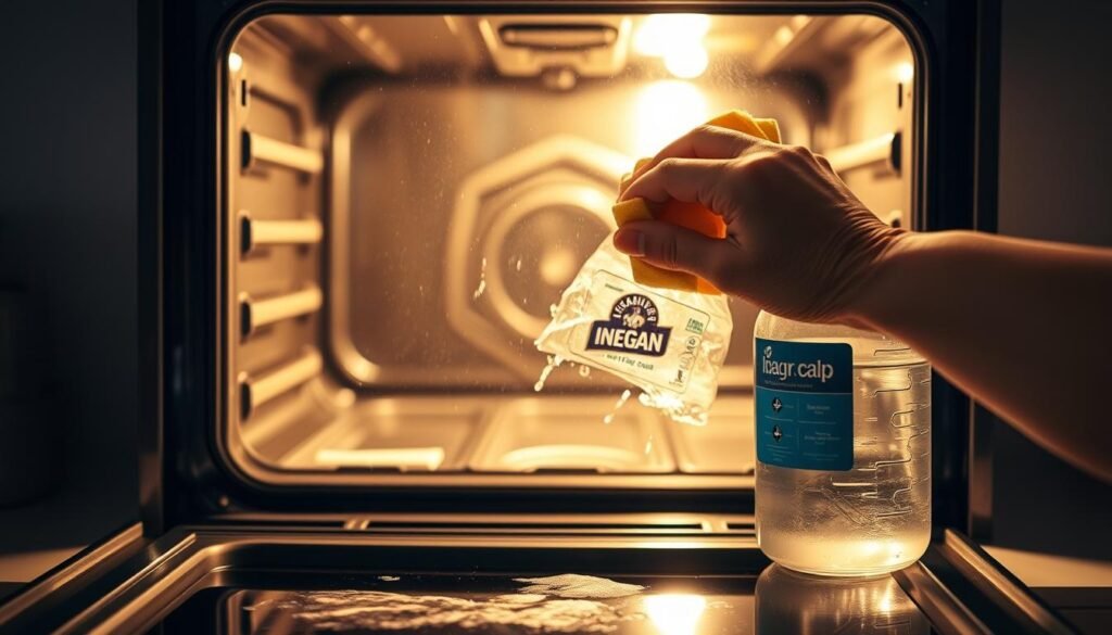 A well-lit kitchen counter with a glass oven door in the foreground. In the middle ground, a hand is gently scrubbing the oven glass using a sponge and a paste made of baking soda and vinegar. The background shows the open oven interior, illuminated by a warm glow. The scene conveys a sense of focused, methodical cleaning, with an emphasis on the effective, natural cleaning agents used. Soft, diffused lighting casts an inviting, domestic atmosphere. The image captures the step-by-step process of cleaning oven glass for a professional-level result.