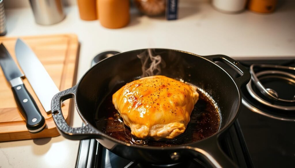 A well-lit kitchen counter with a neatly arranged assortment of cooking utensils, including a cutting board, a sharp chef's knife, and a pair of tongs. In the center, a succulent chicken breast sizzles in a cast-iron skillet, its golden-brown skin glistening under the warm glow of overhead lighting. Steam rises from the pan, indicating the perfect cooking temperature. The image exudes a sense of culinary confidence and expertise, inviting the viewer to imagine the delicious flavors and aromas of the perfectly cooked chicken.