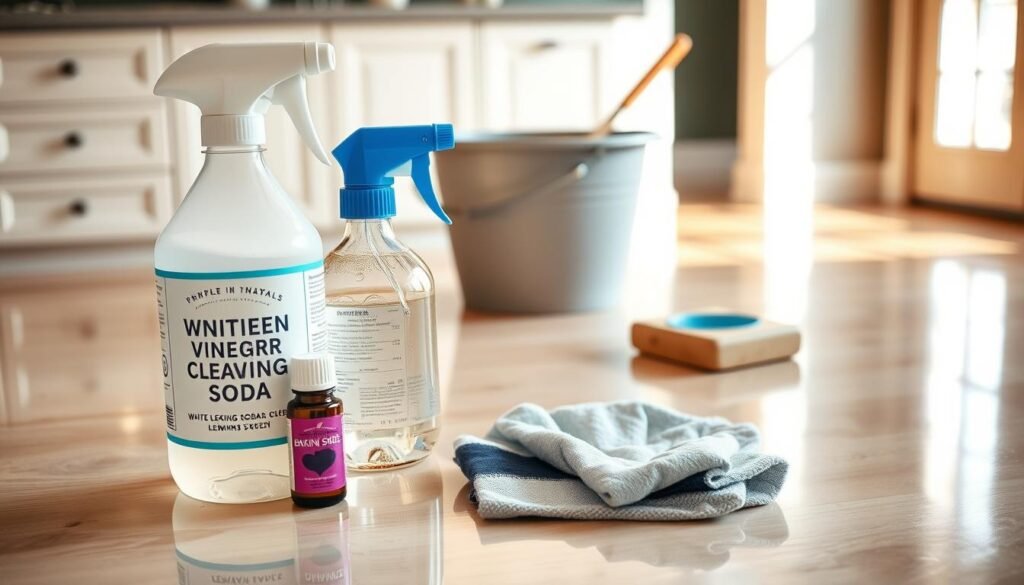 A well-lit kitchen counter with an assortment of natural cleaning ingredients, including white vinegar, baking soda, lemon juice, and essential oils. In the foreground, a spray bottle filled with a homemade cleaning solution and a microfiber cloth. In the middle ground, a bucket filled with warm water and a scrub brush. In the background, a clean, shiny vinyl floor reflecting the scene. The lighting is soft and natural, creating a warm, inviting atmosphere. The overall composition highlights the simplicity and effectiveness of these homemade cleaning solutions for maintaining the pristine appearance of vinyl floors.