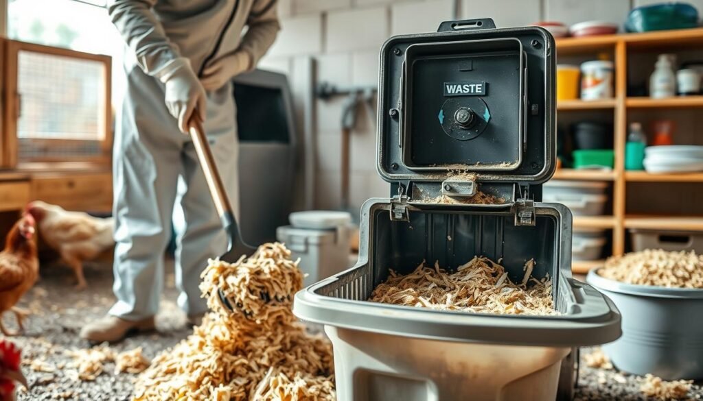 A well-lit, meticulously detailed scene depicting the safe and hygienic disposal of chicken waste. In the foreground, a person wearing protective gear carefully scoops up soiled bedding from a coop, placing it into a sturdy, sealed container. The middle ground showcases a dedicated waste disposal unit, its mechanisms and features clearly visible. In the background, a neatly organized storage area for cleaning supplies and tools. The lighting is natural and bright, creating a sense of cleanliness and order. The overall atmosphere conveys professionalism, attention to detail, and a commitment to responsible poultry care.