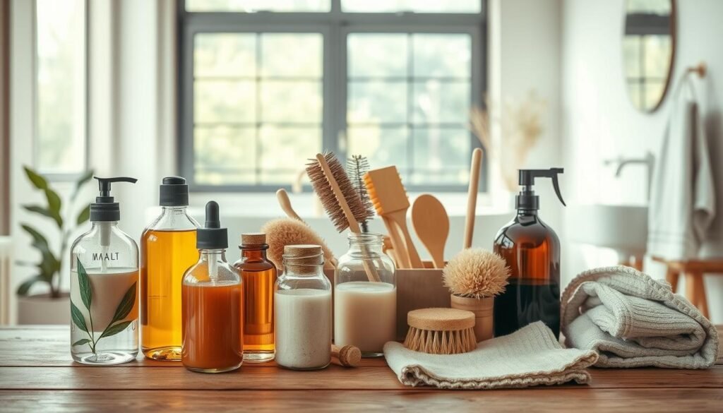 A well-lit, natural scene showcasing an array of eco-friendly cleaning products. In the foreground, glass bottles and jars filled with natural, plant-based cleansers in earthy tones sit atop a wooden table. The middle ground features a selection of natural sponges, brushes, and reusable cleaning cloths, all in muted, sustainable colors. The background depicts a bright, airy bathroom setting with natural light streaming in through large windows, highlighting the environmentally conscious cleaning solutions. The overall mood is fresh, clean, and minimalist, conveying a sense of sustainability and responsibility.