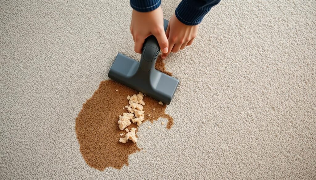 A well-lit overhead shot of a person's hands firmly grasping a suction cleaner tool, carefully removing solidified matter from a plush, neutral-toned carpet. The carpet appears stained, but the person's movements are deliberate and focused, as they methodically extract the unwanted substance. The scene conveys a sense of urgency and efficiency, with the goal of restoring the carpet to its original pristine condition. The lighting is natural and diffused, casting soft shadows that accentuate the textures of the carpet fibers and the person's hands. The angle emphasizes the cleaning process, allowing the viewer to clearly observe the effective technique.