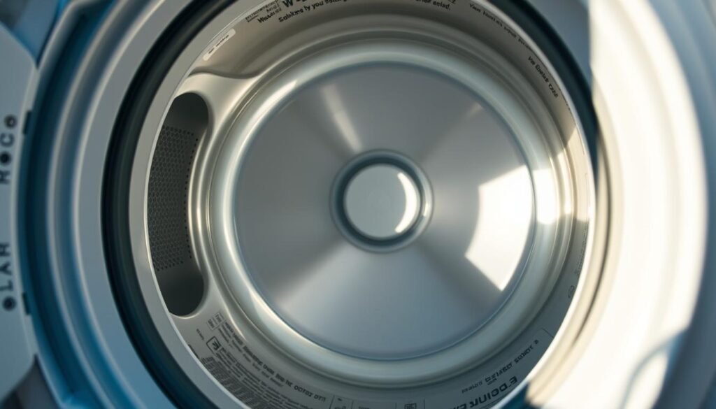 A well-lit, spacious interior of a washing machine, with its drum, gasket, and various components visible. The scene is clean, organized, and inviting, showcasing the machine's inner workings in a manner that highlights the importance of thorough, regular maintenance. The lighting is natural, with soft shadows and highlights that emphasize the texture and details of the machine's surfaces. The overall composition is balanced, with a sense of depth and perspective that draws the viewer's eye inward, guiding them through the steps of effectively cleaning the washer's interior.