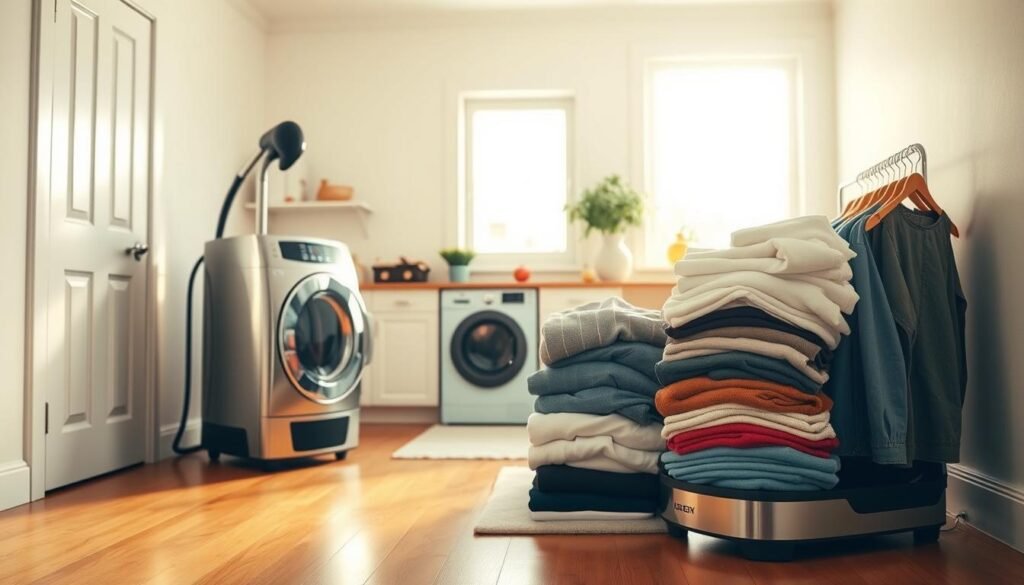 A well-lit, spacious laundry room with bright hardwood floors and crisp, white walls. In the foreground, a modern, high-efficiency steam cleaner stands ready, its stainless steel exterior gleaming under the warm, diffused lighting. Nearby, a neatly folded pile of freshly cleaned garments waits to be returned to the closet. In the background, a large window allows natural light to filter in, creating a serene, relaxing atmosphere. The scene conveys a sense of effortless, hygienic refreshment, perfect for reviving clothes without the hassle of traditional dry cleaning.