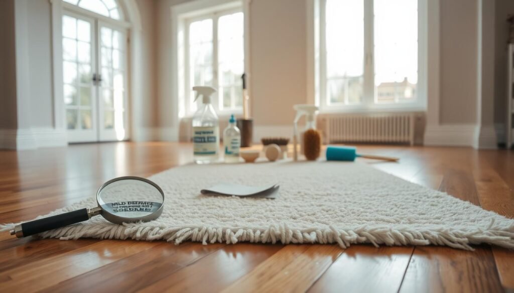 A well-lit, spacious room with hardwood floors. In the foreground, a wool rug lies flat, its fibers exposed. A magnifying glass and a swatch of the rug material sit nearby, signaling a meticulous inspection. In the middle ground, an array of cleaning supplies - mild detergent, soft-bristled brushes, and a spray bottle - are neatly arranged, ready for action. The background showcases large windows, allowing natural light to pour in and illuminate the scene, creating a sense of openness and clarity. The overall atmosphere conveys a methodical, yet calming approach to preparing the rug for a thorough cleaning.