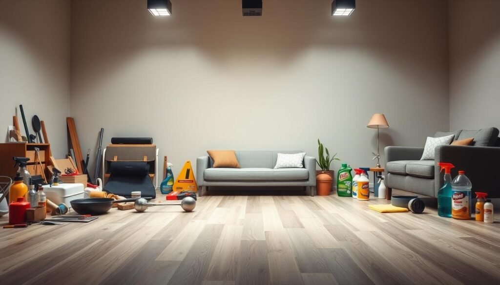 A well-lit studio setting, capturing an array of everyday objects and substances that should be avoided on vinyl plank flooring. In the foreground, a collection of items like sharp objects, hot pans, heavy furniture, and abrasive cleaning products, all arranged to highlight their potential to damage the surface. The middle ground features a seamless expanse of high-quality vinyl plank flooring, pristine and inviting. In the background, a neutral, minimalist backdrop emphasizes the focus on the foreground elements and the importance of careful curation to maintain the beauty and integrity of the flooring. Subtle lighting from above and soft shadows create depth and dimension, guiding the viewer's attention to the key message: understanding and preventing the hazards that can compromise the longevity and appearance of luxury vinyl plank flooring.