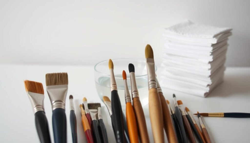 A well-lit studio setting, with a clean and organized table showcasing various paint brushes and cleaning supplies. In the foreground, several acrylic paintbrushes in different sizes and shapes are displayed, their bristles meticulously arranged. In the middle ground, a ceramic bowl filled with a clear solvent, and a stack of clean, white paper towels. In the background, a neutral-colored wall, allowing the subject to take center stage. The lighting is soft and diffused, creating a sense of calm and professionalism. The composition is balanced, with the brushes and cleaning materials positioned in a visually appealing manner, highlighting the importance of proper brush care techniques.