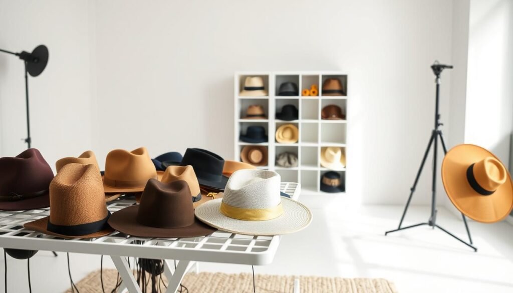 A well-lit studio setting with a minimalist, modern aesthetic. In the foreground, a selection of diverse hats - fedoras, baseball caps, wide-brimmed sun hats - arranged on a sleek, white drying rack. The hats display various drying techniques, such as air-drying, dehumidifying, and steaming. The middle ground features a neatly organized storage solution, with shelves or cubbies for storing the dried hats. The background is a simple, neutral-toned wall, creating a clean, uncluttered backdrop that allows the hats and drying process to be the focal point. The lighting is soft and diffused, highlighting the textures and details of the hats. An overall sense of order, efficiency, and attention to detail pervades the scene.